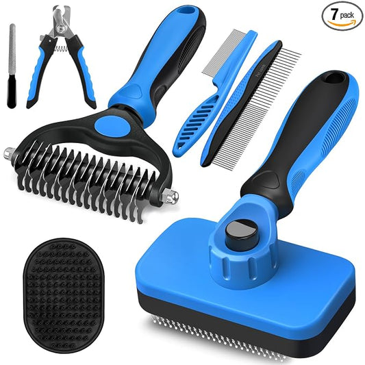 Professional 7 in 1 Pet Grooming kit I Dog Brush & Cat Brush I Dog&Cat Comb I Dog&Cat Nail Clipper/Trimmers with Nail File I Dog Bath Brush I Dog&Cat Flea Comb I Pet Supplies(Deep Blue)