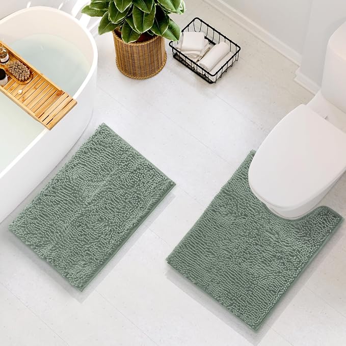 Hearth & Harbor Bathroom Rugs, Chenille Bath Mat - Machine Washable Bath Mats for Bathroom Non-Slip Backing Rubber, Quick Dry Bathroom Mat, 17 x 24 + 20 x 24 - Ice Green