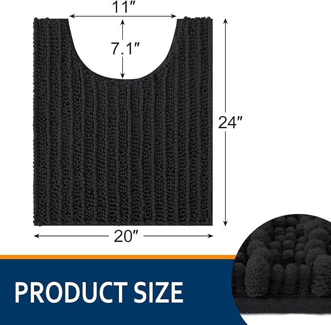 Smiry Bathroom Toilet Rugs U Shaped 24X20, Chenille Bath mats for Toilet | Black Extra Soft Absorbent Non Slip Rubber Backing Contour Bath Rugs for Toilet, Machine Washable Contoured Bath Mats