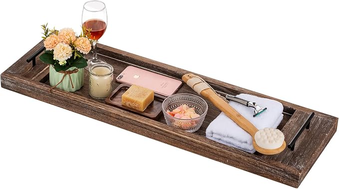 Hanobe Bathtub Tray Bath Caddy: Wood Bath Tub Trays Table Board - Rustic Bathtub Shelf Across Tub - Long Wooden Serving Tray with Handles for Bathroom, 31"