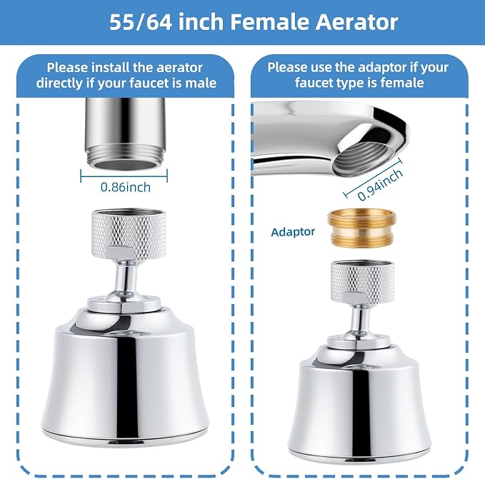Hygie Rinse Kitchen Sink Faucet Head Replacement 4 Spray Faucet Sprayer Attachment with 2 Ball Joint, Big Angle Swivel, 55/64-27UNS Famale Thread, Male Thread Adapter Included, Chrome