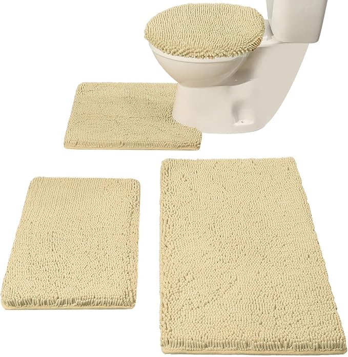 Madeals Bath Rug Set 4 Piece with Toilet Lid Cover, Soft Shaggy Bath Rug Set 3 Piece and U-Shaped Toilet Floor Rug Beige