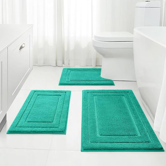 HOMEIDEAS Teal Bathroom Rugs Set of 3, Non Slip Bath Mats | Super Absorbent, Plush Microfiber, Machine Washable, Stain Resistant, Easy Care, Perfect for Modern Bathroom Decor