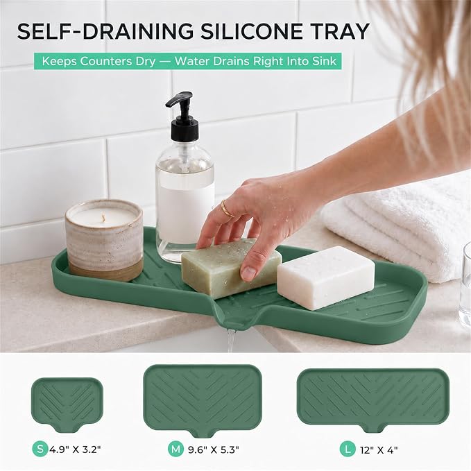 MicoYang Silicone Soap Dish with Drain Spout — Self-Draining Double Sink Organizer Tray for Kitchen & Bathroom, Dispensers, Sponges & Soap Holder, Non-Slip & Dishwasher Safe, Green (Large, 12"×4")