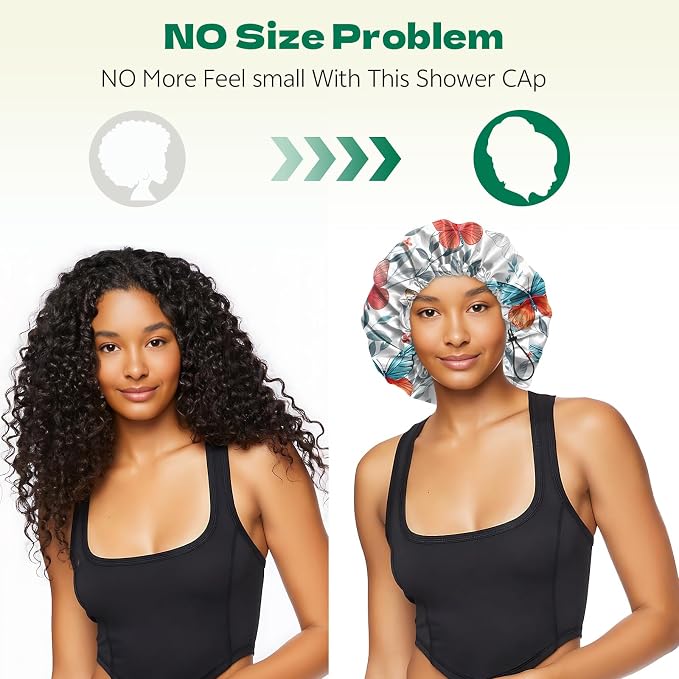 2 PCS Shower Cap Waterproof Double Layer Elastic Adjustable Reusable Hair Bath Caps for Girls Women Cute Aesthetic-Butterfly Flowers