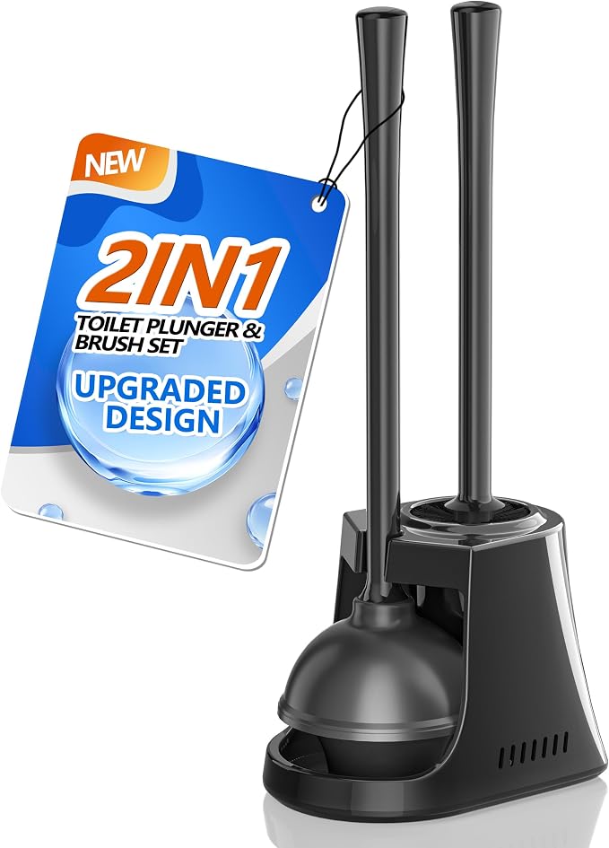 LOVLOY Toilet Plunger and Brush, Bowl Brush and Heavy Duty Toilet Plunger Set with Ventilated Holder, 2-in-1 Toilet Brush and Plunger Combo for Bathroom Cleaning (2 Pack, Black)