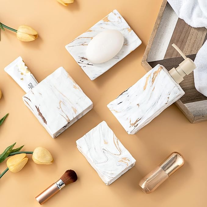 RQYIXI Ceramic 4-Piece Bathroom Accessories Set, Gold, Marble Design | marble look ceramic square design unique veining pattern modern countertop organization