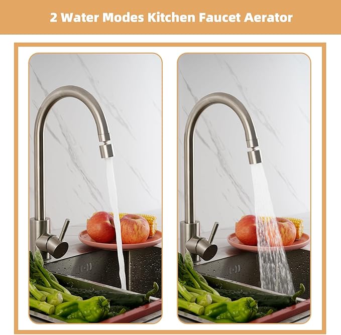 Hibbent NSF/ANSI/CAN 61 Certified Faucet Aerator, CUPC Certification 360 Degree Swivel Kitchen 2-Flow Sprayer Splash-Proof Water Saving Faucet Extender- 55/64 Inch-27UNS Female Thread, Brushed Nickel