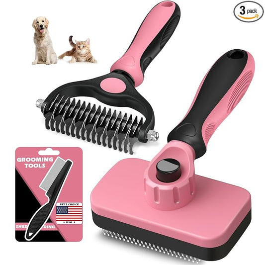 Professional 3PCS Self Cleaning Slicker Brush & Pet Grooming Rake & Flea Comb for Dogs,Cats and Horses | Double-Sided Dematting Comb & Skin Friendly Deshedding Grooming Tool (Light Pink)