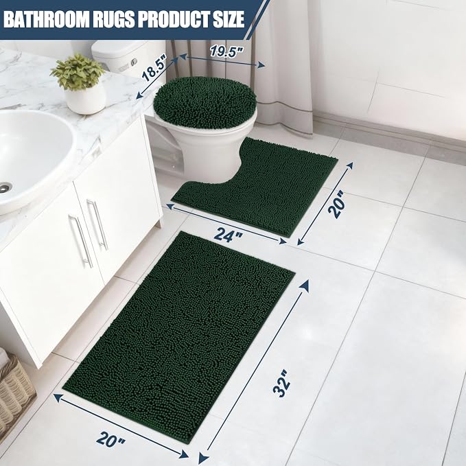 Bathroom Rugs Sets 3 Piece with Toilet Seat Cover 19.5"x 18.5" | Machine Washable Bath Rug Set with Tpr Non Slip Rubber Backing Solid Bath Mat Set for Luxury Bathroom Decoration