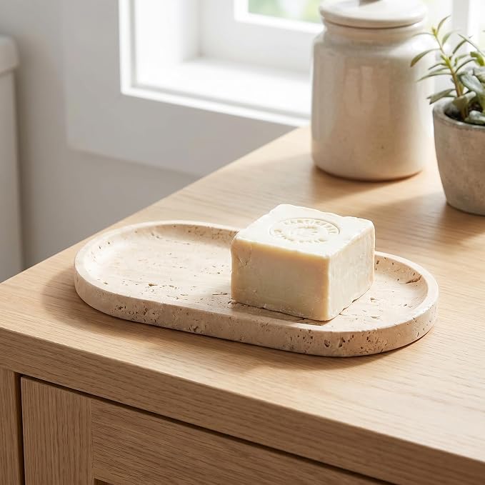 YKAJO Yellow Travertine Oval Marble Tray, 9.8x4.7 Vanity Perfume Organizer | Honed natural stone; jewelry & trinket dish, ring & key holder, soap & candle catchall; bath counter, dresser, coffee table