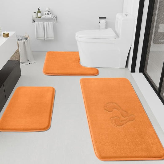 Bathroom Rugs Sets 3 Piece, Non-Slip & Quick Dry Bath Mat Set, Ultra Soft Velvet Bath Rugs for Bathroom, Toilet and Shower Floor, Orange