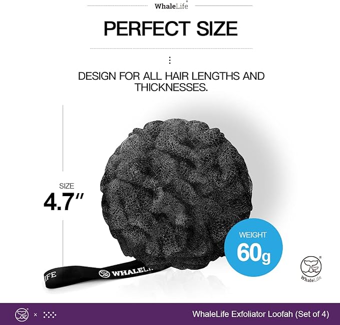 Loofah Sponge Bath Sponge for Women Men 4 Pack (Black Rough Surface) | 10X Suds Save Body Wash Double Knotted Anti Tear Core Fast Dry Cotton Loop Stay Fresh Large Mesh for Sensitive Skin