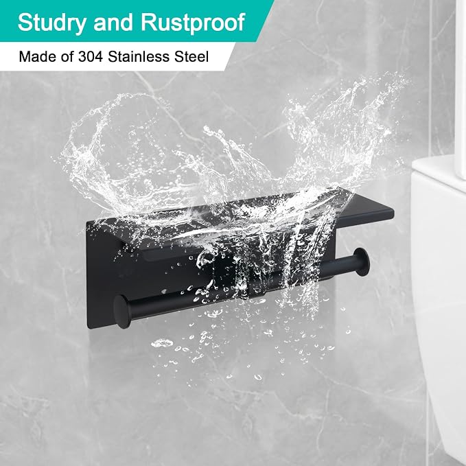 BGL Toilet Paper Holder with Shelf Matte Black, 304 Stainless Steel Wall Mount Toilet Tissue Roll Holder with Double Post for Bathroom, Commercial Toilet Paper Dispenser with Phone Shelf