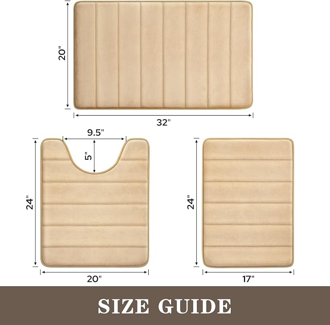 BYSURE Beige Memory Foam Bathroom Rug Set 3 Piece, Non Slip Extra Soft Absorbent Bath Mats, Machine Washable & Dry Toilet Mat Sets for Bathroom Floor | Non Slip Extra Soft Absorbent Machine Washable Toilet Bath Toilet Mat for Shower, for Bathroom