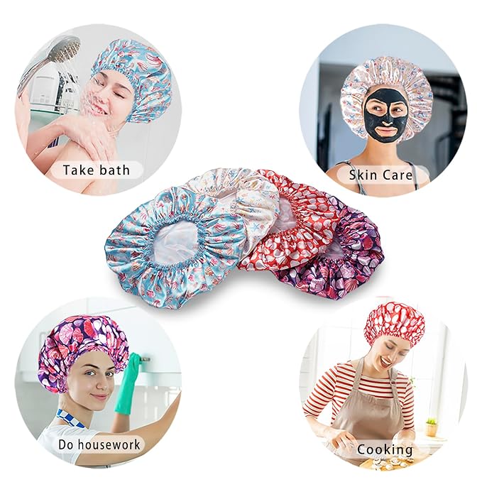 Shower Caps for Women, 4 PCS Reusable Waterproof Bath Cap | Double Layer, Washable, Wide Elastic Band, Holds Long Hair, Caps for Bath Accessories, Spa, Travel Home - Shell