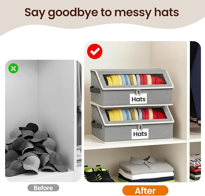 Hat Organizer for Baseball Caps, 2-Pack Stackable Hat Storage Box Holds 30 Caps, Foldable Cardboard Holder with Clear Dust-Proof Window for Closet, Grey