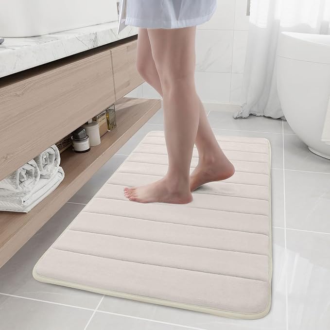 Buganda Memory Foam Bath Mat 44 x 24, Ultra Soft Absorbent Bathroom Rugs | Cream, Machine Washable Quick Dry Bath Mats for Bathroom Floor, Shower and Tub, Home Decor Accessories