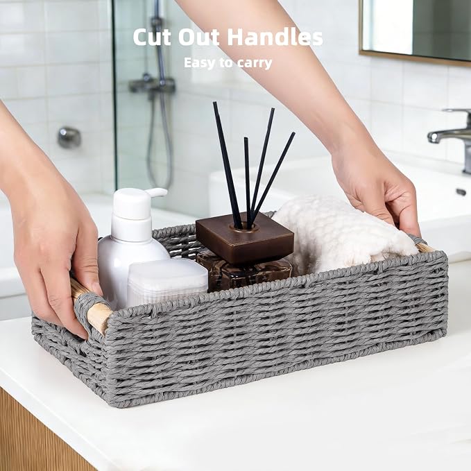 CubesLand Back of Toilet Storage Basket for Organizing w/Cut Out Handle, Handwoven Toilet Tank Top Paper Baskets, Wicker Decorative Basket for Countertop, Home Decor, Living Room, Nursery, Grey