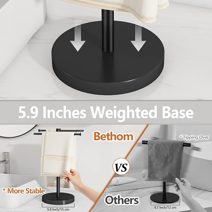 Bethom Hand Towel Holder for Bathroom Countertop, Weighted Base, Black | Stainless Steel 15.2 Inch Hand Towel Stand, S-Shape Towel Racks Holds 2 Towels