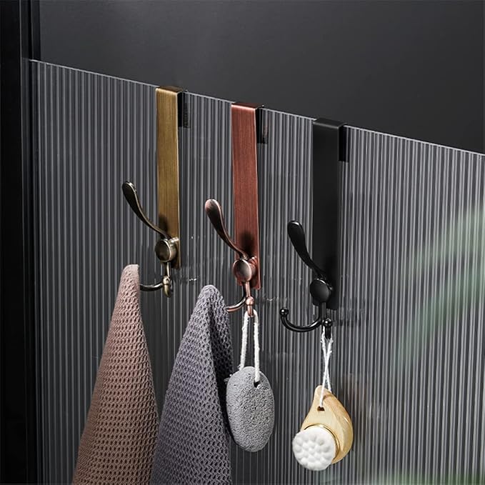 Flybath Shower Glass Door Hooks 2 Pack 304 Stainless Steel Antique Extended Robe Towel Hook Rack Over Glass Door Hooks Frameless Drilling-Free Hanger for Bathroom, Brushed Bronze