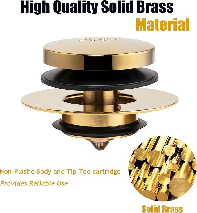 Artiwell Universal Tip Toe Bath Drain Stopper and Cover, Bathtub Drain Stopper, Replaces Lift and Turn, Tip-Toe and Trip Lever drains for Tub, EZ Installation and Clearing (Polished Brass)