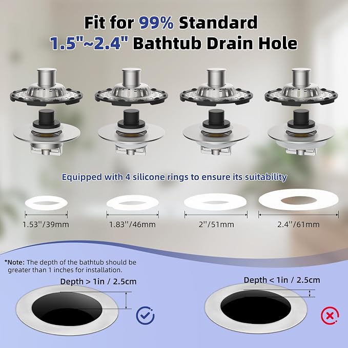 2PCS Universal Metal Bathtub Drain Stopper Top Hair Catcher, Brushed Nickel | Shower Drain Tub Stopper with Stainless Steel Visible Filter Basket, Upgraded 3 in 1 Pop-up Drain Plug for 1.5 to 2.4" Hole