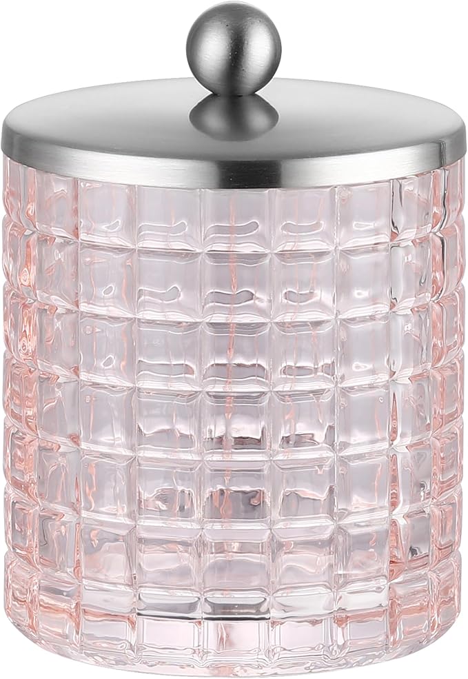 Blush Colored Tranlucent Apothecary Etched Geometric Grid Glass Jar W/Nickel Metal Lid Cover for Bathroom Organization, Cotton Balls, Q Tips, and Small Accessories, Bathroom Storage