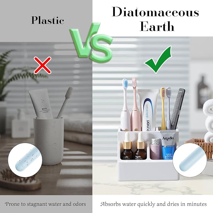 Luxspire Diatomite Toothbrush Holder, 4 Slots, Light Gray | Fast Drying, Diatomaceous Earth, Electric Tooth Brush and Toothpaste Organizer, For Bathroom Kitchen Vanity Countertop