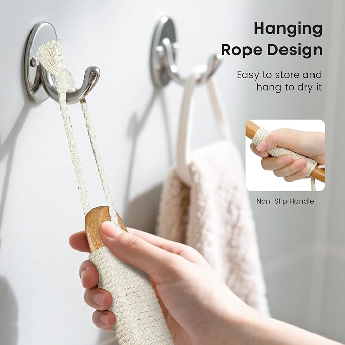 eaxun 17.3 Inches Bamboo Back Scrubber with Curved Long Handle for Shower | Exfoliating Shower Brush with Natural Boar Bristles for Men and Women, Anti-Slip Grip Back Washer for Bath or Dry Brushing