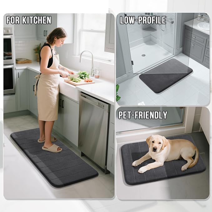 Yimobra U-Shaped Toilet Bath Mat Set 2 Piece - Soft Absorbent Quick Dry Memory Foam Bathroom Rugs, Machine Washable Non Slip Floor Carpet for Tub Shower & Single Sink (17x24 & 24x20, Dark Gray)