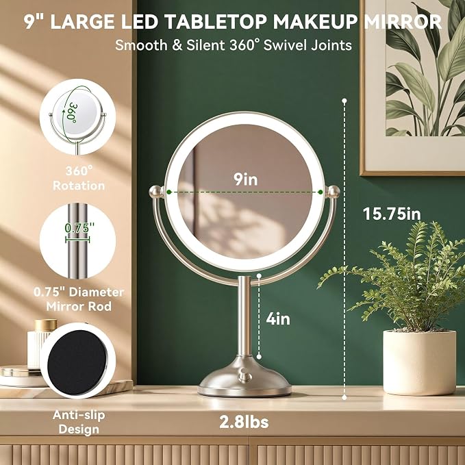 Auxmir 9" 5000mAh Maginfying Mirror, 9" 1X/30X Lighted Makeup Mirror | rechargeable battery, 3 dimmable colors, 360° rotation, stable base, brushed nickel, 30X magnification with 2 tweezers