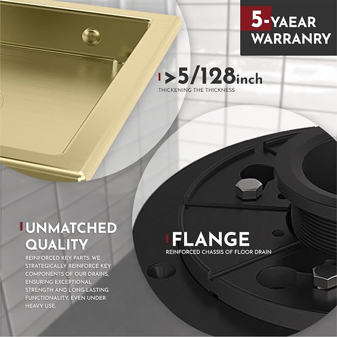 WEBANG 6 Inch Square Shower Drain Gold Floor Drain with Flange Reversible 2-in-1 Cover Tile Insert Grate Removable SUS304 Stainless Steel CUPC Certified Brushed Gold