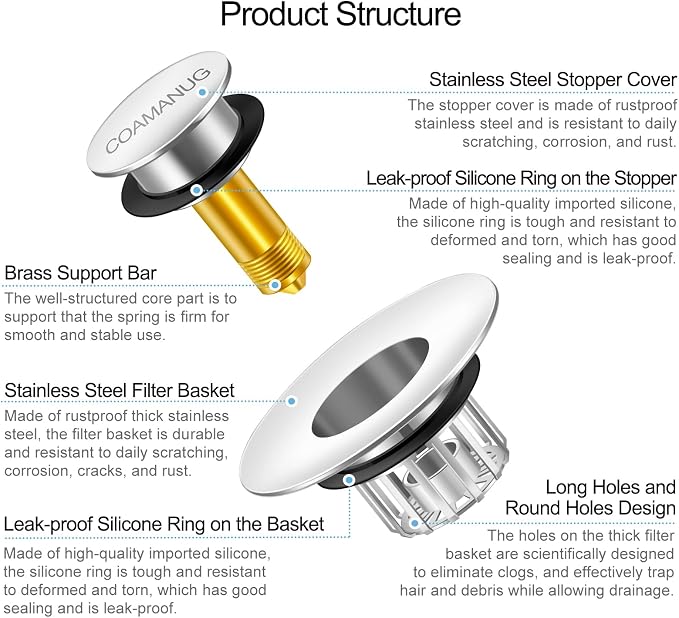 COAMANUG Bathtub Stopper | Shower Drain Hair Catcher, Pop-up Tub Stopper with Strainer | Pop-up Bathtub Drain Plug | Drai Protector for 1-1/2 to 1-3/4" Bath Drain Hole- Pearl Chrome