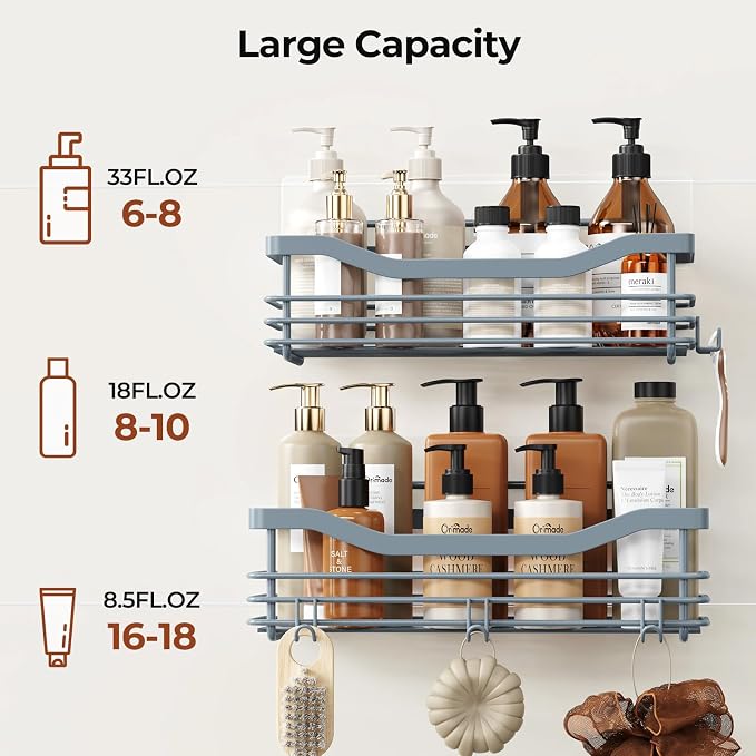 Orimade Shower Caddy Basket Shelf Storage Rack, No Drilling Wall Mounted Adhesive Rust Resistant Stainless Steel Shower Organizer with 5 Hooks for Bathroom, Light Blue Grey 2 Pack