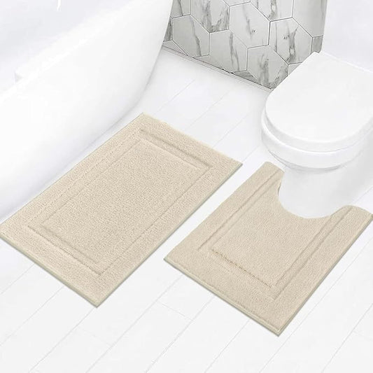 SHACOS Soft Microfiber Bathroom Rugs Set 2 Pieces with Toilet Rug | Absorbent Plush Bath Mat U Shaped Contour Bath Rug, Non Slip Washable Fluffy Bathroom Floor Mats, 32x20+24x20, Light Beige
