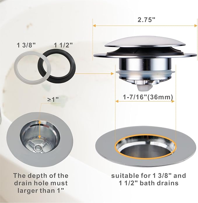 Wellup Universal Pop Up Tub Drain Stopper Replacement Chrome Tip Toe, Lift and Turn for Bathtub, EZ Chrome Plated Bath Plug Stopper