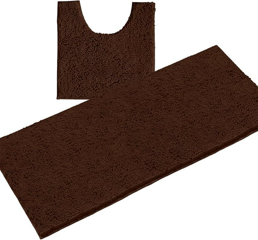 LuxUrux 2-Piece Bathroom Rug Set – Plush Chenille Runner & U-Shaped Toilet Mat, Soft, Absorbent & Non-Slip Design (20x20 U & 27x47 inches, Brown)