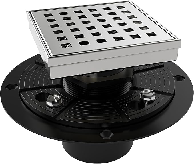 WEBANG 4 Inch Square Shower Drain Brushed Floor Drain with Flange Square Holes Pattern Cover Grate Removable SUS304 Stainless Steel Watermark&CUPC Certified Brushed