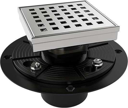 WEBANG 4 Inch Square Shower Drain Brushed Floor Drain with Flange Square Holes Pattern Cover Grate Removable SUS304 Stainless Steel Watermark&CUPC Certified Brushed