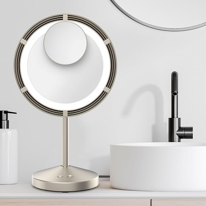 Conair Vanity Mirror with Lights, Adjustable Fan & Brightness, Round | Magnifying makeup mirror with lights for any beauty and skincare routine, tilting hinge, removable 10x magnetic spot mirror