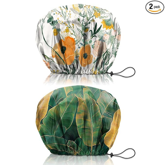 2 PCS Shower Cap Reusable Waterproof Double Layers Hair Caps Shower Bath Adjustable Elastic Hat for Women Girls Cute Aesthetic-Flower Leaf