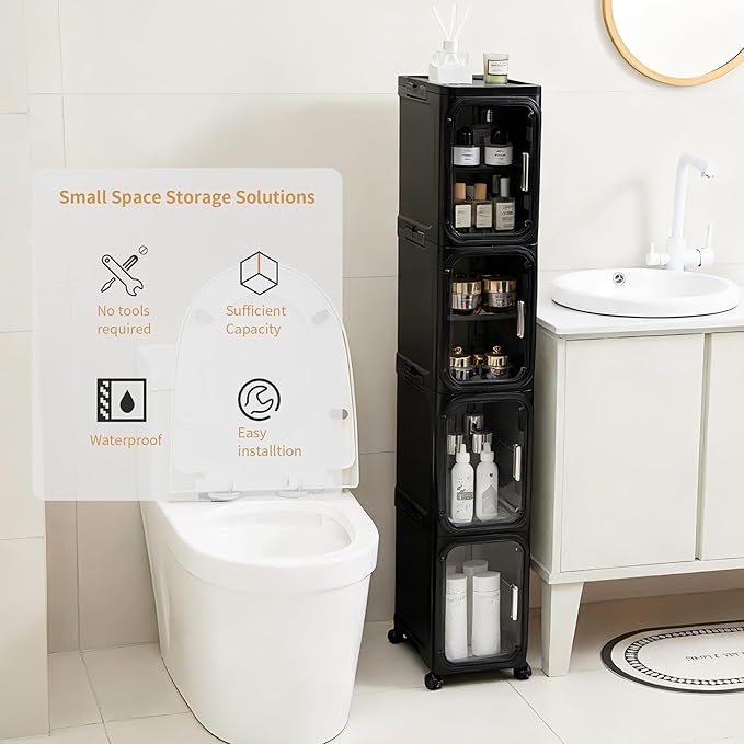 2-Tier Narrow Slim Bathroom Storage Cabinet with Wheels, Black | Tool Free Assembly, Adjustable Shelves, Fits for Narrow Spaces, Reinforced Stability, Magnetic Clear Door