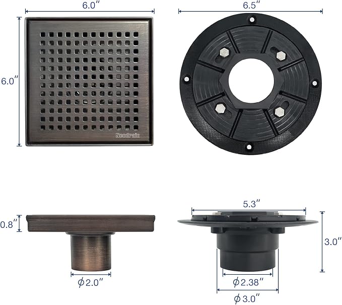 Neodrain 6 in Square Shower Drain, Oil Rubbed Bronze, Removable Quadrato Pattern Grate, with PVC Shower Drain Base and Rubber Gasket, Square Drainage. CUPC Certified, Includes Hair Strainer, ORB
