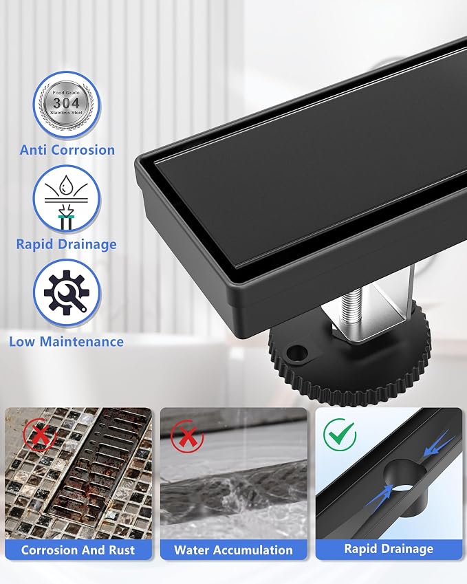 YEFU Black Linear Shower Drain for Bathroom: 12 Inch Shower Drain with Tile Insert Grate - 304 Stainless Steel Rectangle Linear Drain - 2-in-1 Matte Black Shower Floor Drain