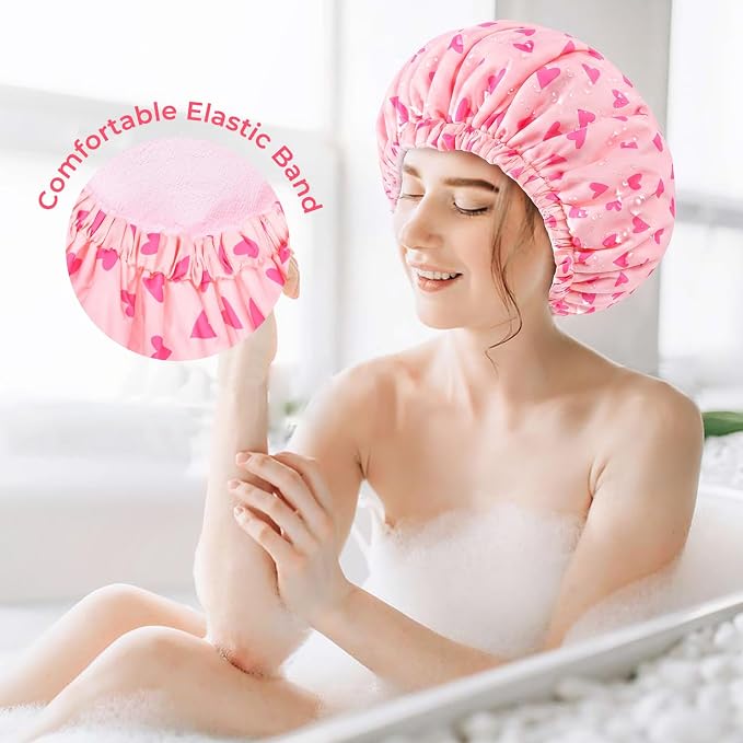 Shower Cap for Women Terry Lined Bath Cap Large Reusable Waterproof Elastic Pink Hearts Shower Caps for Long Thick Hair Soft Bath Shower Hair Caps