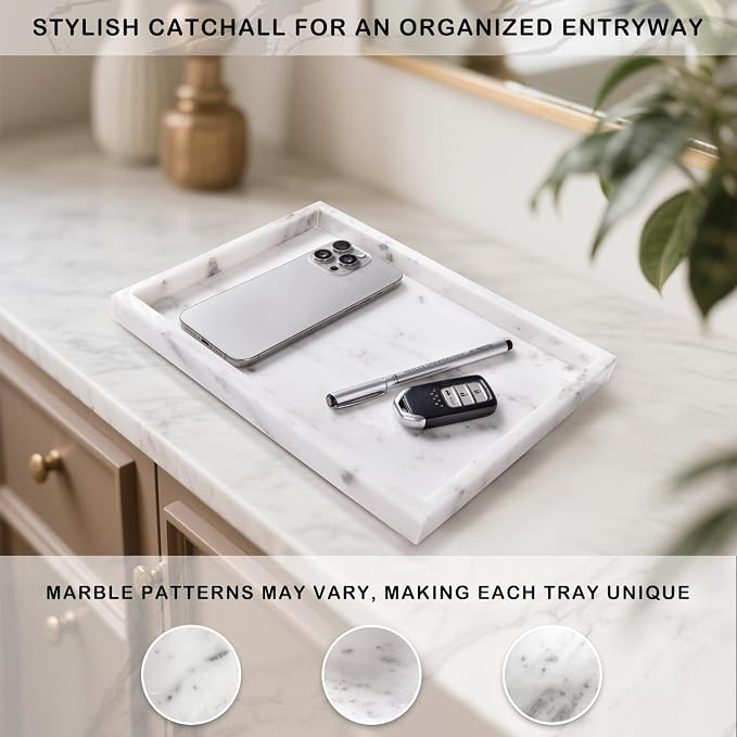 Bathroom Tray for Countertop, Marble Perfume Tray for Dresser Organizer, Marble Tray for Bathroom Counter & Home Decor, Natural Decorative Stone Vanity Trays, 12" x 8", Starry White