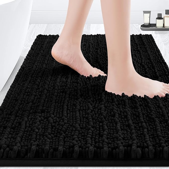ACCUMTEK Upgrade Luxury Black Bathroom Rug Mat 36"x24", Ultra Soft Thick Absorbent Bath Mats, Non Slip Chenille Toilet Mat for Bathroom, Bedroom, Kitchen, Shower, Tub