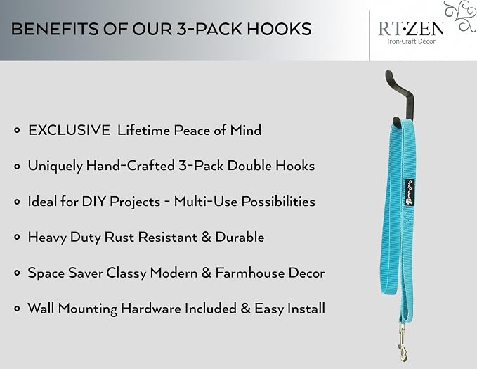 RTZEN Wall Mount Hook Set - Wrought Iron Decorative Rustic Metal Coat Hooks for Hanging - Handcrafted Classic Farmhouse Wall Mounted Black Hooks for Towel Robe or Hat Hanging - 3 Pack