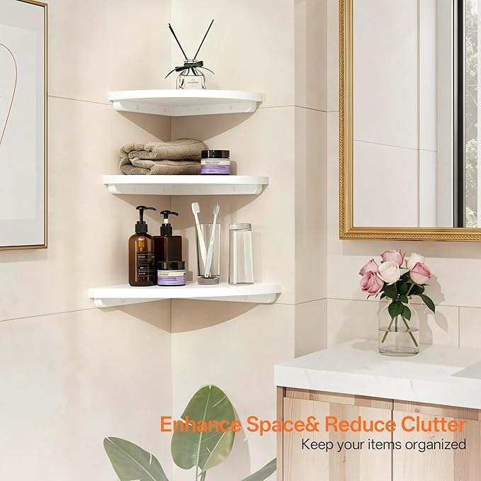 Gieanoo White Corner Wall Shelf 12inch Solid Oak Wood Floating Corner Shelf with Wire Hole Corner Wall Storage Display Shelves for Living Room Bedroom Bathroom Kitchen